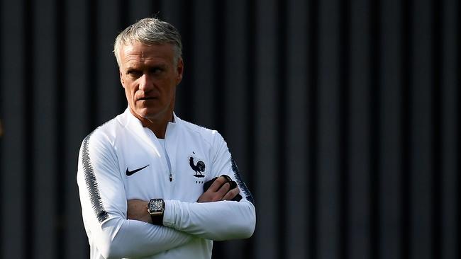 France coach Didier Deschamps watches over his players at a training session ahead of tonight’s World Cup final against Croatia. Photo: AFP