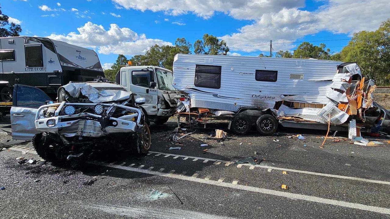 Smashed 4WD and caravan from the scene of the Bruce Highway crash at Bajool.