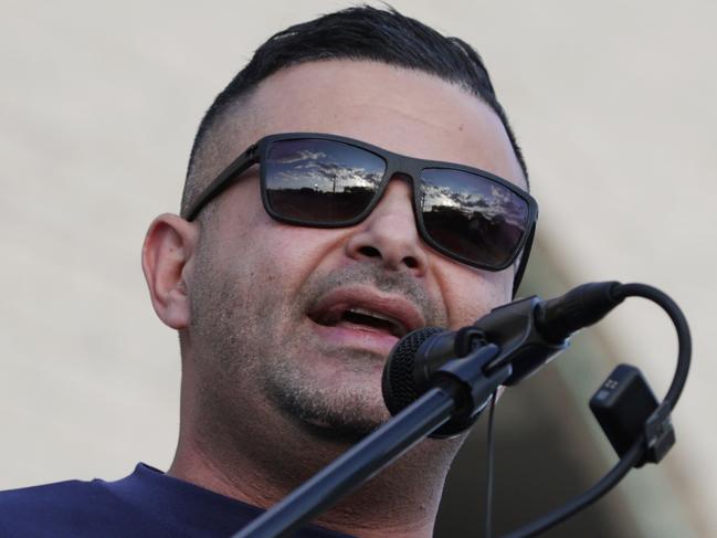 International Speaker Khaled Beydoun Hizb ut-Tahrir hosting a rally outside Lakemba Mosque on Monday afternoon, on the anniversary of the October 7 attacks. Jane Dempster/The Australian.