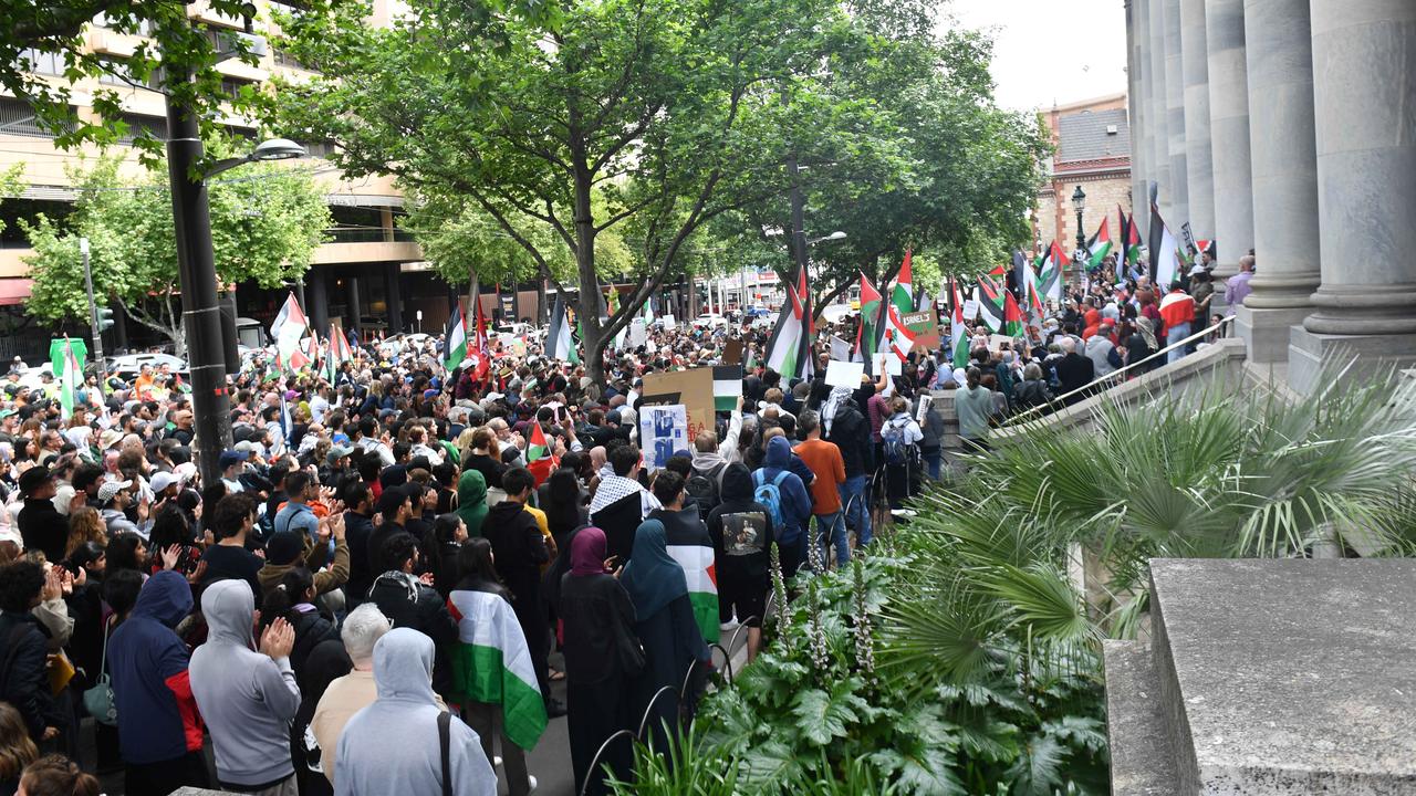 Attendees of the 'Solidarity with Palestine' rally filled the steps of Parliament House and North Terrace last Sunday. Picture: Keryn Stevens