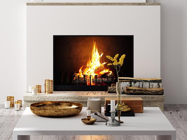 Mock up poster in modern home interior with fireplace, Scandinavian style, 3d render