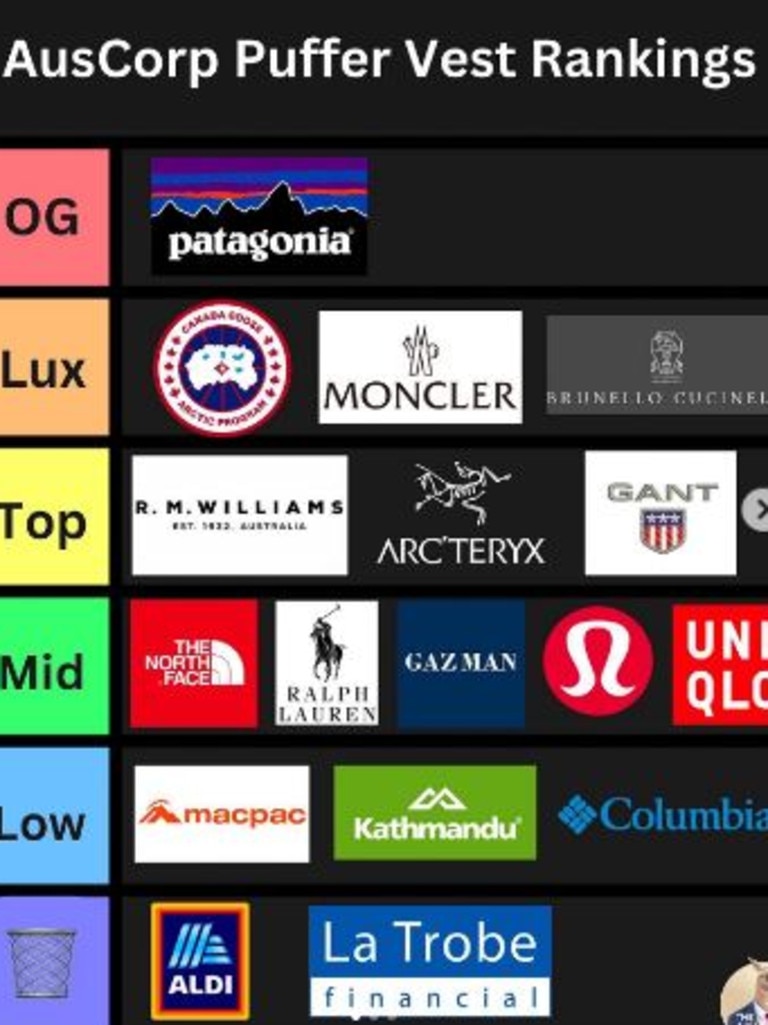 According to The Aussie Corporate’s list, Patagonia is the best puffer jacket on offer. Aldi ranked last, followed closely by Macpac, Kathmandu and Columbia. Picture: Instagram