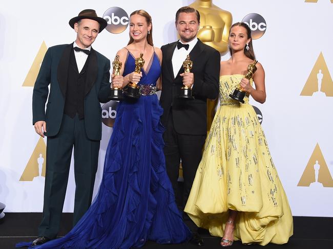 Rylance alongside fellow 2016 Oscar winners, Brie Larson, Leonardo DiCaprio and Alicia Vikander. Picture: Jason Merritt/Getty Images