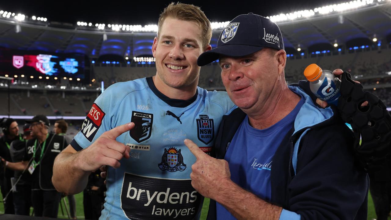 PERTH, AUSTRALIA - JUNE 26: Matt Burton of the Blues poses with his father Guy Burton after game two of the State of Origin series between New South Wales Blues and Queensland Maroons at Optus Stadium on June 26, 2022 in Perth, Australia. (Photo by Paul Kane/Getty Images)