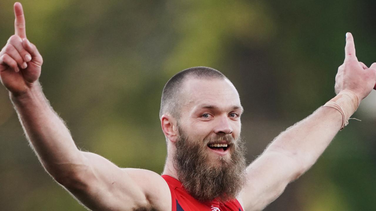 Max Gawn of the Demons celebrates a goal during the Round 23 AFL match between the North Melbourne Kangaroos and the Melbourne Demons at Blundstone Arena in Hobart, Saturday, August 24, 2019. (AAP Image/Michael Dodge) NO ARCHIVING, EDITORIAL USE ONLY