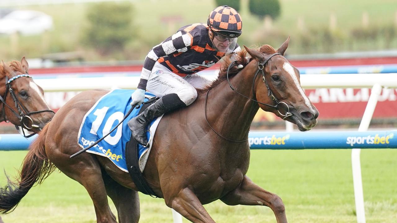 Snitzanova, ridden by Daniel Stackhouse, wins the Sandown Guineas at Caulfield. Picture: Scott Barbour / Racing Photos