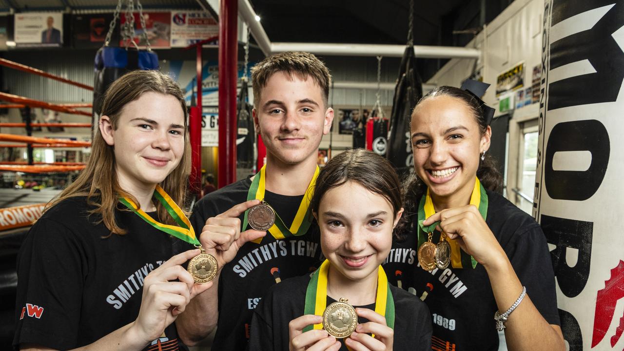 Smithy's TGW Gym members (from left) Amelia O'Toole, Andy Kisel, Ruby King and Lekaysha Woodbridge show their medals after success at the Australian Amateur Boxing League Titles in Tasmania. Picture: Kevin Farmer