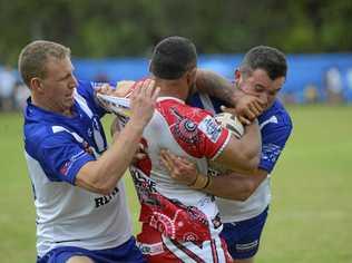 GRUELLING: Grafton Ghosts' Riley Law and Clint Greenshields muscle up in defence on South Grafton Rebels' winger Anthony Skinner. Picture: Debrah Novak