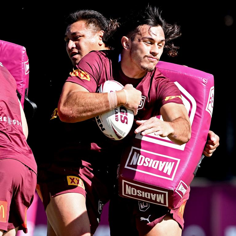 Gold Coast forward Tino Fa'asuamaleaui at Maroons training. Picture: Bradley Kanaris/Getty Images