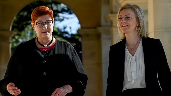 Foreign Minister Marise Payne with Foreign Secretary Liz Truss in Sydney on Friday. Picture: Getty Images