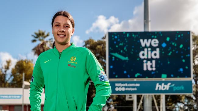 Matildas captain Sam Kerr at HBF Park in Perth. Picture: AAP Image/Richard Wainwright