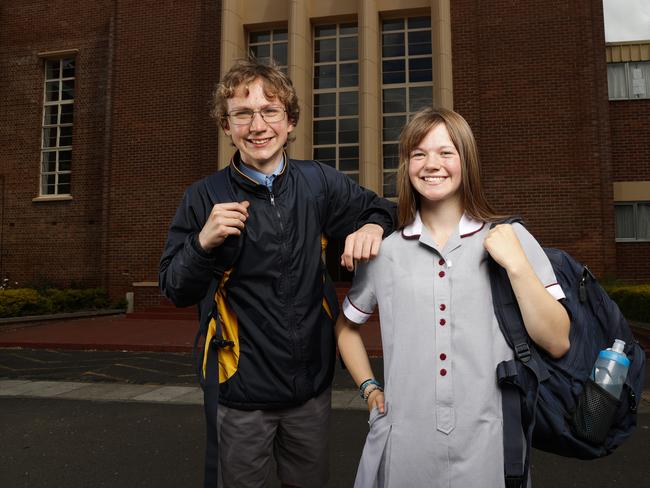 New Town High School Grade 7 student Stanley Foster, 13, and Ogilvie High School Grade 8 student Kate Figgel, 14. The two school are preparing to amalgamate in 2022. Picture: Zak Simmonds