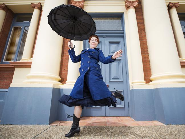 Actor and Mary Poppins enthusiast Taylor Dunn on Cherry Tree Lane, Maryborough, where author P.L Travers was born. Picture: Lachie Millard