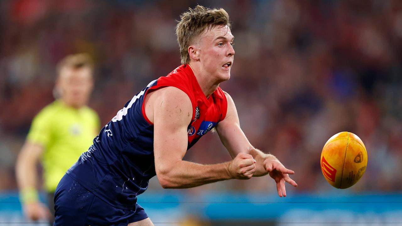 MELBOURNE, AUSTRALIA - APRIL 24: James Jordon of the Demons in action during the 2023 AFL Round 06 match between the Melbourne Demons and the Richmond Tigers at the Melbourne Cricket Ground on April 24, 2023 in Melbourne, Australia. (Photo by Dylan Burns/AFL Photos via Getty Images)