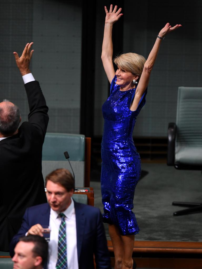 The retiring MP looked like she was having a really good time. Perhaps she’d just calculated her tax cuts. Image: AAP/Lukas Coch