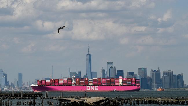 An Ocean Network Express (ONE) container ship leaves New York harbour. Picture: AFP.