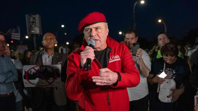 Curtis Sliwa speaks to residents at a rally against the housing of migrants at Floyd Bennett Field in Brooklyn on September 14. Picture: Spencer Platt/Getty Images via AFP