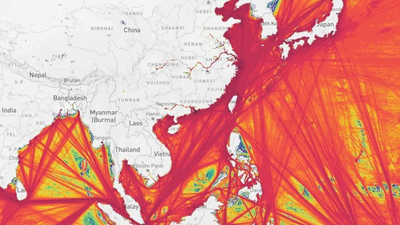 Data on website MarineTraffic showing major shipping lanes into China.