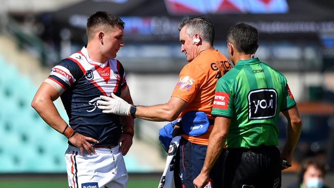 Victor Radley had to leave the field after independent doctors in the bunker reviewed the tackle. Picture: NRL Photos