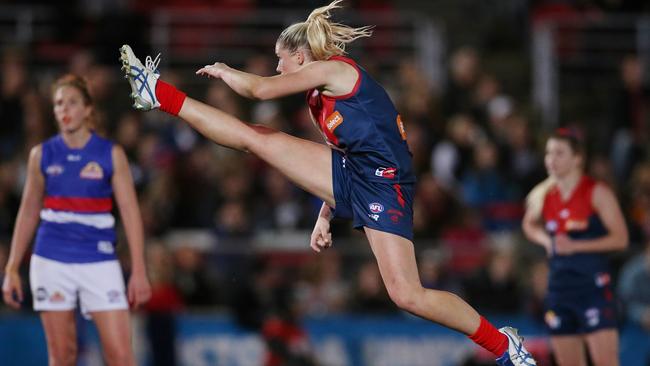 Tayla Harris’s gravity-defying kick will inspire more female AFL players. Picture: Michael Klein