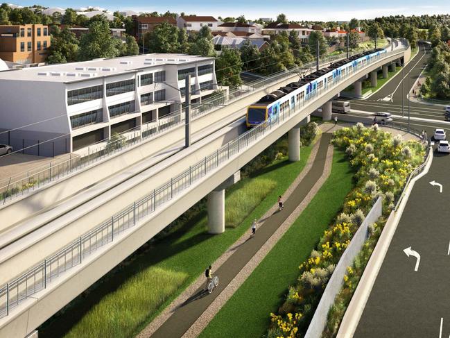 An artist impression of the Toorak Rd level crossing removal with a sky rail.