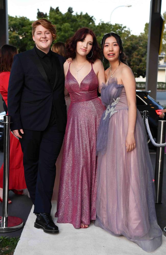 Emma MacRae, Ella Archbold and Cartier Lau at year 12 formal, Nambour Christian College. Picture: Patrick Woods.