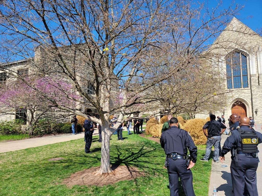 This image released by the Metro Nashville Police Department shows officers responding to a shooting at Covenant School and Presbyterian Church, in Nashville, Tennessee. Picture: AFP