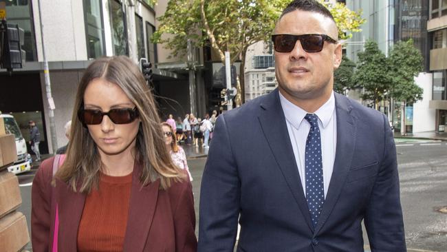 Jarryd Hayne arrives at the Supreme Court, Sydney with his wife Amellia Bonnici on Friday. Picture: NCA NewsWire/Simon Bullard