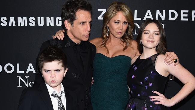 Quinlin Stiller, Ben Stiller, Christine Taylor and Ella Stiller at the <i>Zoolander 2</i> premiere in 2016. Picture: Dimitrios Kambouris/Getty Images