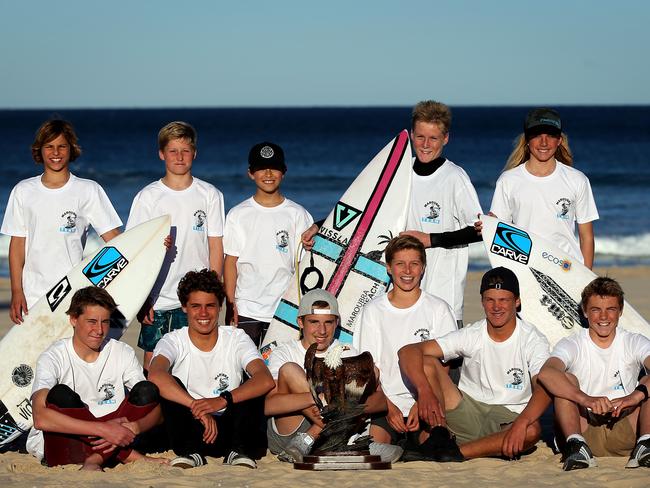 Maroubra United consisting of the three local Maroubra surf clubs coming together to head to the Kirra Teams Challenge to defend the title they won in their inaugural tilt at the competition last year in Sydney, Wednesday September 6, 2017. The presidents of Maroubra Surf riders, North Maroubra Surfriders and South End Boardriders brought the kids together to form the team. (Jane Dempster/AAP)