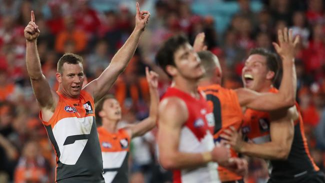 Steve Johnson celebrates a Tom Scully goal against Sydney. Picture: Phil Hillyard