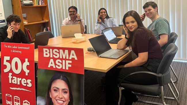 Labor candidate Bisma Asif using sitting MP Stirling Hinchliffe’s electorate office to campaign, as posted on Queensland Labor’s official Facebook page. Picture: Queensland Labor