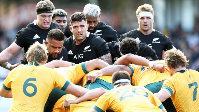 Codie Taylor of the All Blacks packs in a scrum during the Bledisloe Cup match between the New Zealand All Blacks and the Australian Wallabies at Eden Park.