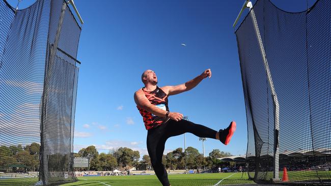 Matthew Denny of Queensland in the mens Discus during the 2024 Australian Athletics Championships at SA Athletics Stadium. Picture: Sarah Reed