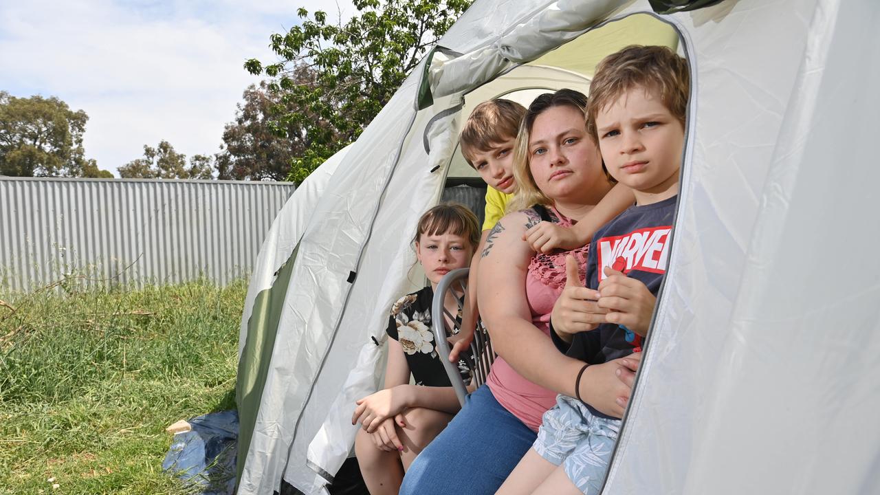 Sarah Wade lives in a tent in her mum's backyard with her kids Allysha, Dominic and Logan. Picture: Keryn Stevens