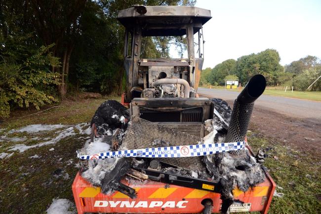 A Lismore City Council road roller was destroyed by fire on Winterton Parade, Lismore, near the racecourse. Picture: Cathy Adams