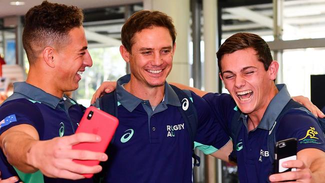 Markey Mark and rugby Australia national coaching advisor Stephen Larkham and Henry Robertson. Pic: Stuart Walmsley