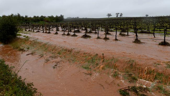 A dam in Greenock has bursts its banks flooding the vineyard and surrounding areas. Picture: Tricia Watkinson.