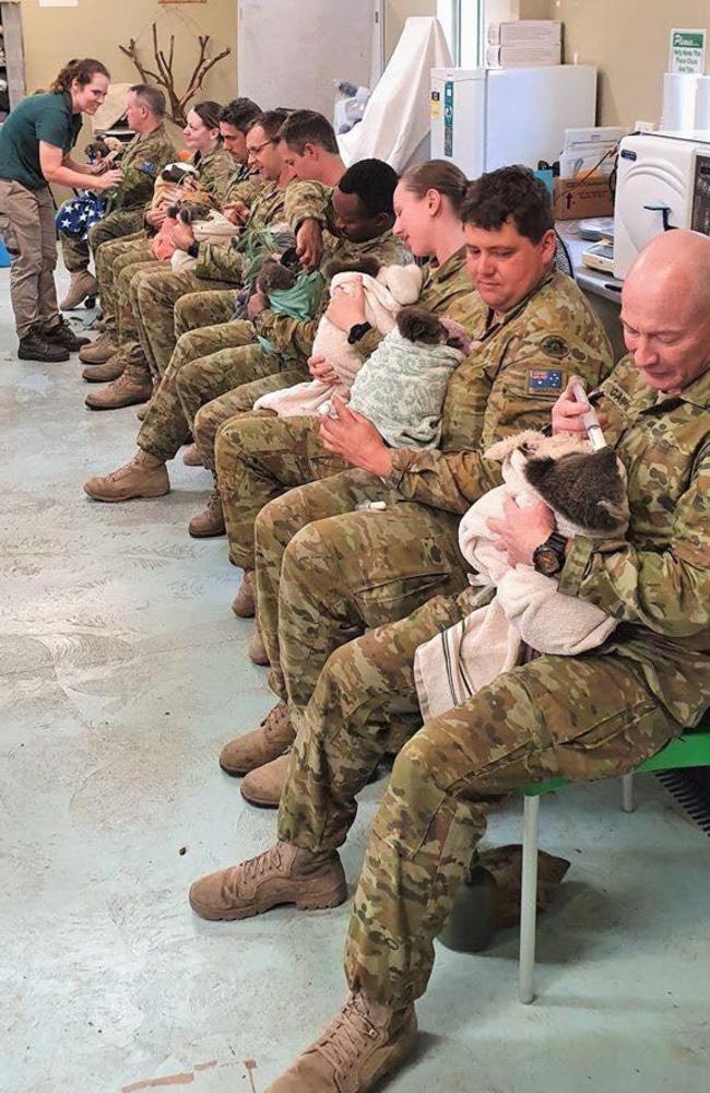 ADF personnel enjoy feeding koala refugees from Kangaroo Island. Picture: ADF