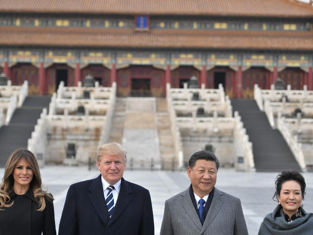 Donald Trump, First Lady Melania Trump, China's President Xi Jinping and his wife Peng Liyuan pose in the Forbidden City in Beijing. Mr Trump was in Beijing for the critical leg of his Asia tour to drum up an uncompromising, global front against the nuclear weapons ambitions of the "cruel dictatorship" in North Korea. Picture: AFP