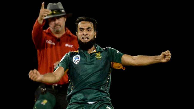 South Africa's Imran Tahir celebrates after taking a wicket.