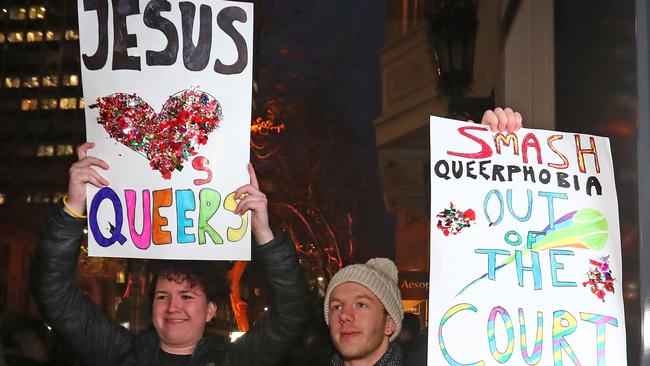 Protesters pictured outside the Athenaeum club in June 2017, where former Australian tennis player and Christian pastor Margaret Court was the keynote speaker at the second annual St Thomas More Liberal Party fundraising dinner. Picture: Scott Barbour/Getty Images