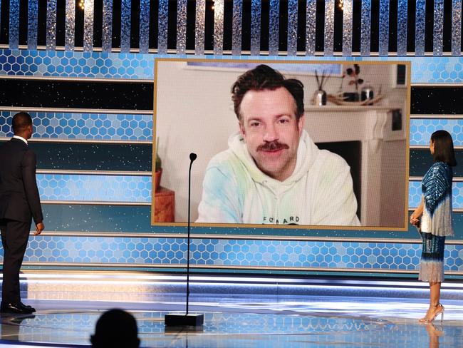 Wearing a tie dye hoody, Jason Sudeikis accepted the Golden Globe for Best Television Actor. Picture: NBCU Photo Bank via Getty Images