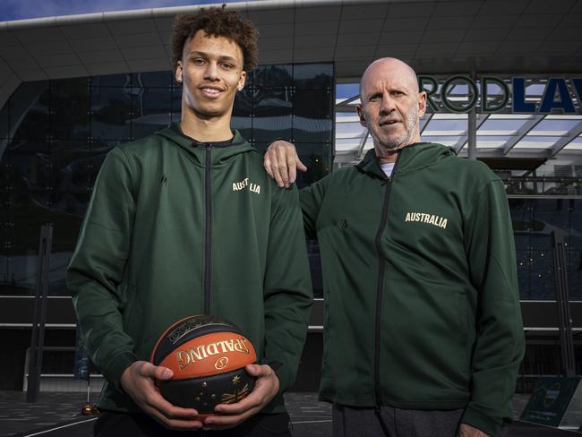 Dyson Daniels with Boomers coach Brian Goorjian. Picture: Getty Images