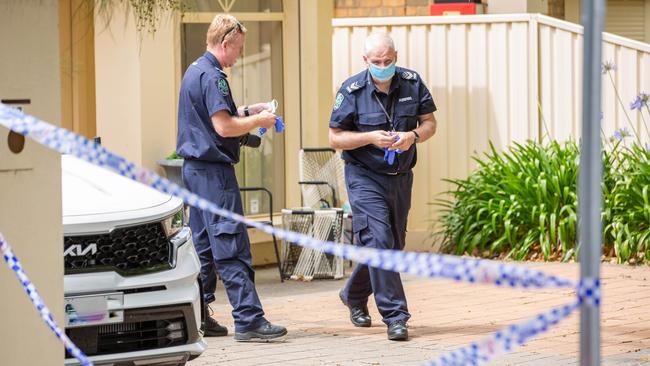 Police outside the home at Glenelg North. Picture: Ben Clark