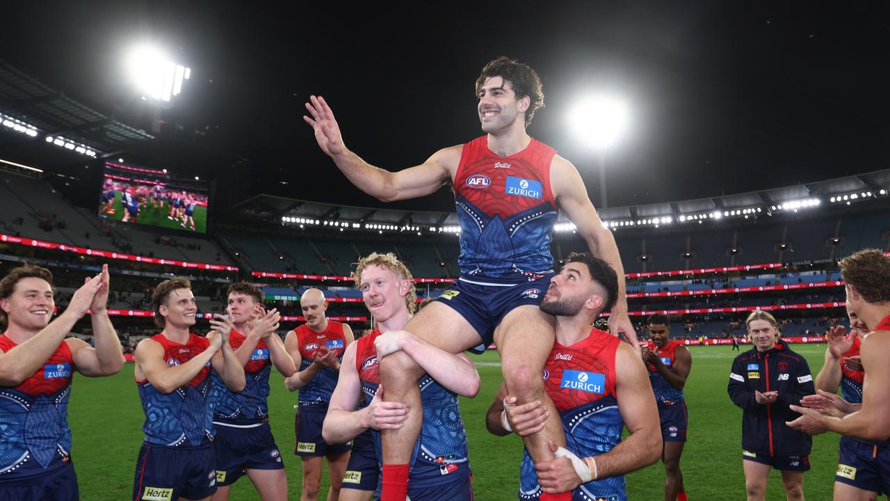 =Christian Petracca of the Demons chaired off in his 200th during the 2025 AFL Round 11 match between Narrm (Melbourne Demons) and the Sydney Swans. Picture: James Wiltshire/AFL Photos via Getty Images