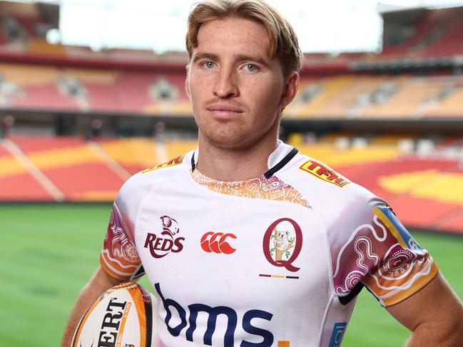 BRISBANE, AUSTRALIA - MAY 30: Wallabies and Queensland Reds player Tate McDermott poses during a Rugby Australia media opportunity  at Suncorp Stadium on May 30, 2025 in Brisbane, Australia. (Photo by Chris Hyde/Getty Images for Rugby Australia)
