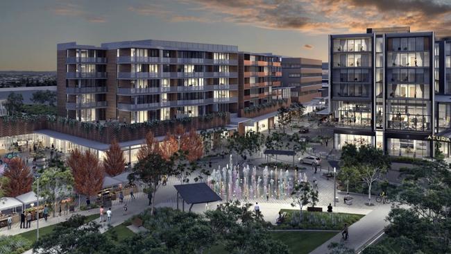 Oran park townsquare - Artist impression of future town square with water feature, Perich park and Atura Hotel Source: Greenfields Developments