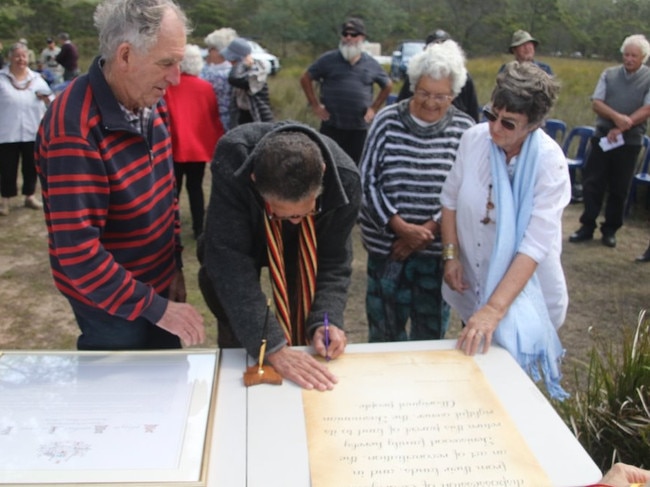 From left, Tom Teniswood, Jimmy Everett, Aunty Dawn Blazely and Jane Teniswood at the signing of the deed of transfer. Picture: SUPPLIED