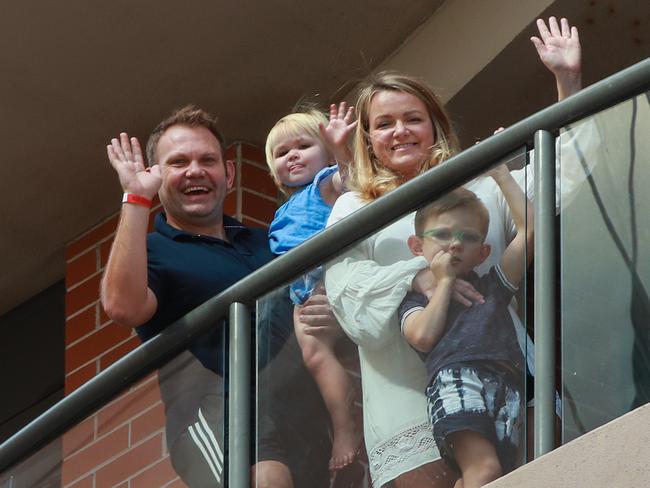 Richard Styles with wife Grainne and children, Clodagh, 2, and Paddy, 6, on the 27th floor balcony of the Adina Apartments. Picture: Justin Lloyd